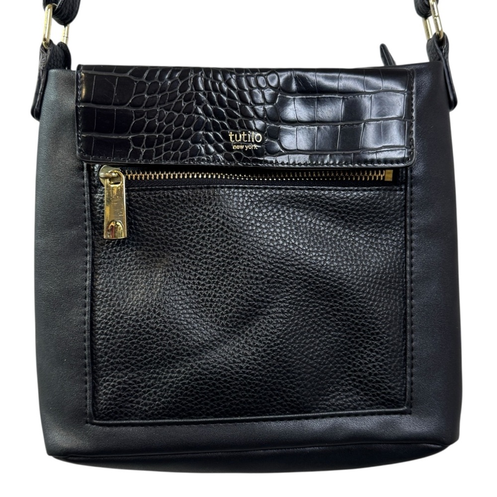 Tutilo New York Black Faux Leather Pvc Croc Embossed Womens Purse Crossbody Bag